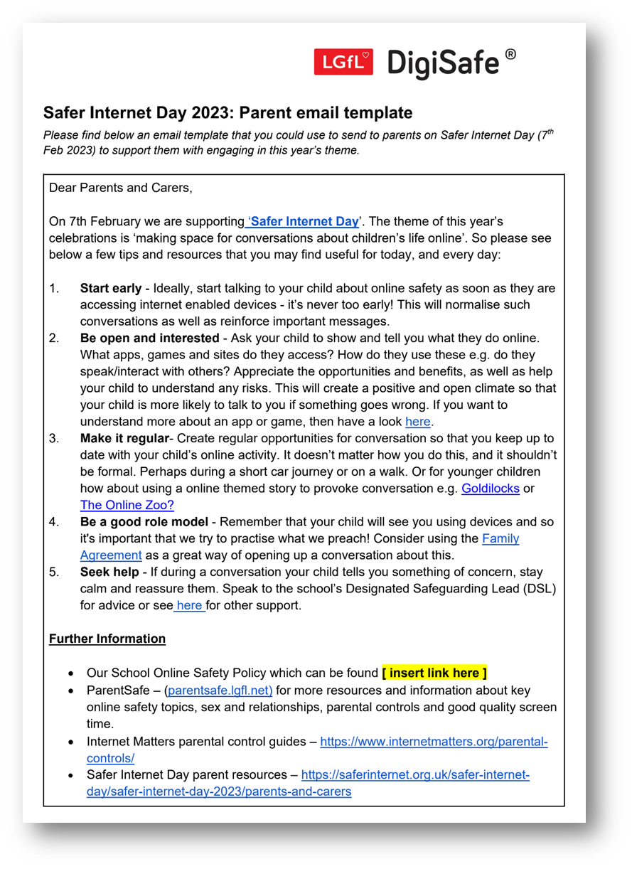 Safer Internet Day parent email template