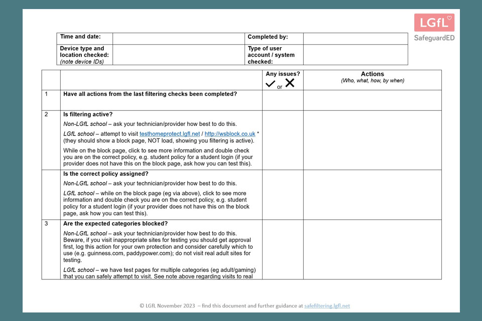 Screenshot of filtering checks form
